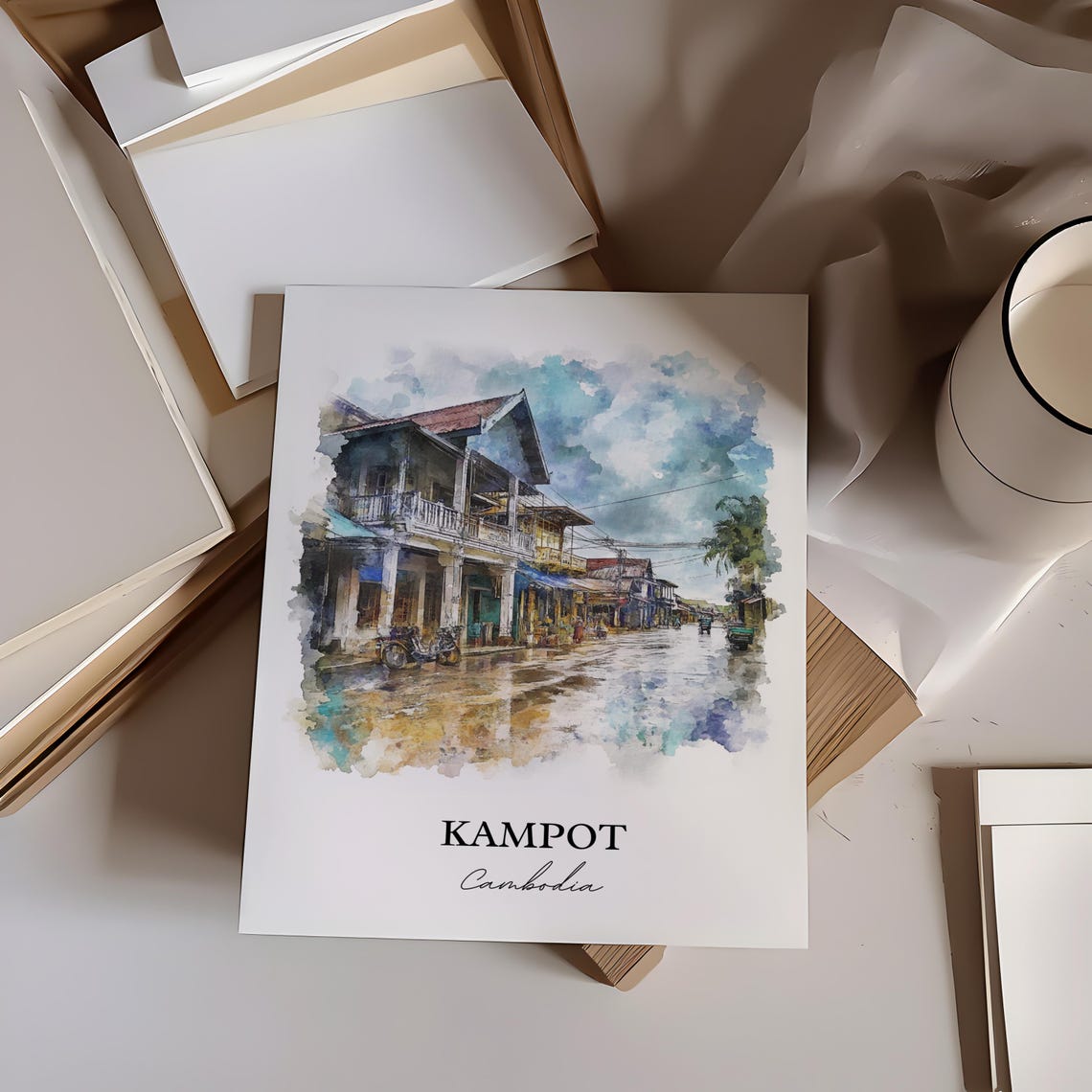 Kampot Cambodia Watercolor Colonial Shophouse Street Scene Poster - Image 2