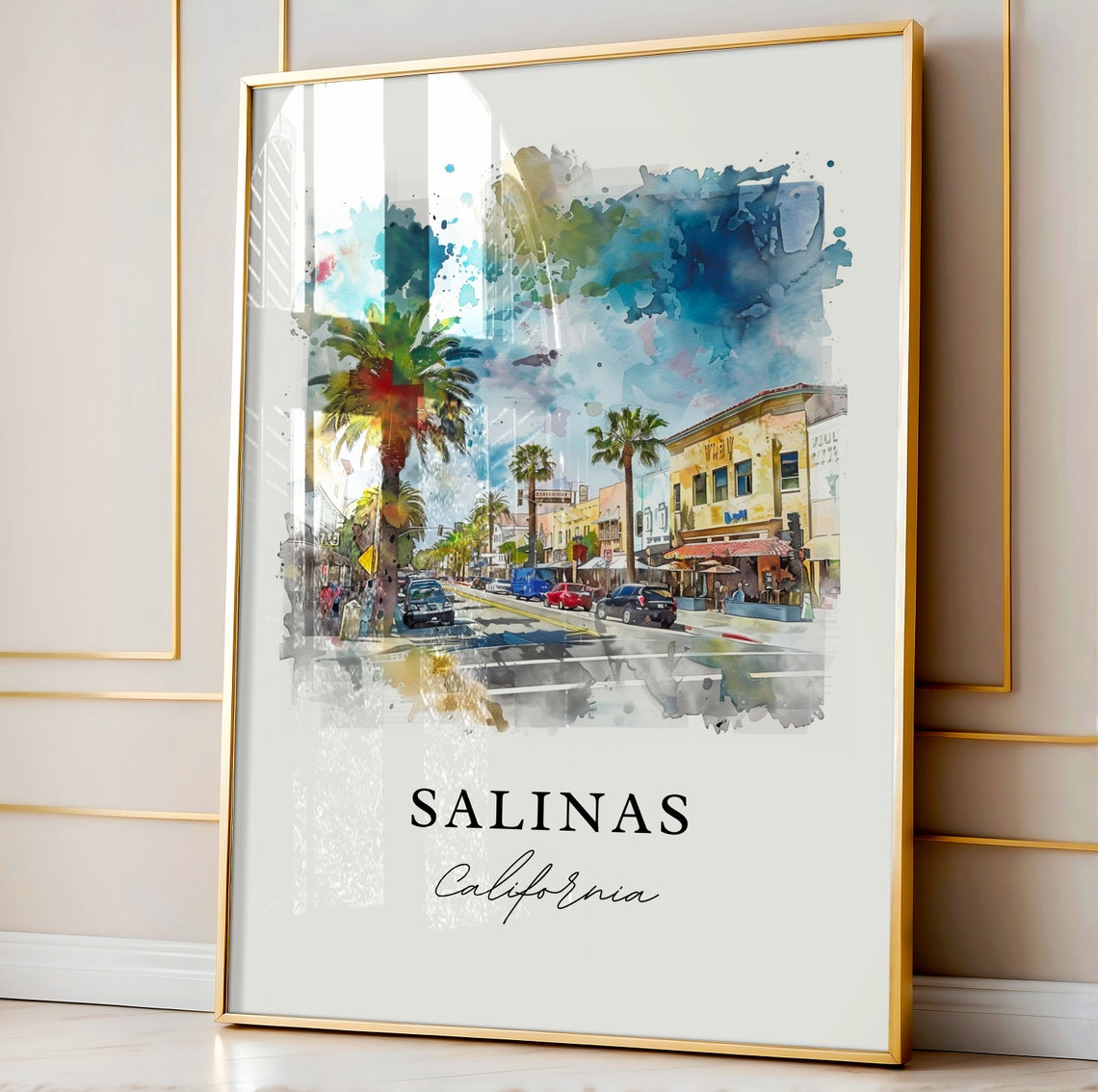 Salinas California Charming Palm Lined Street Watercolor Poster - Image 3