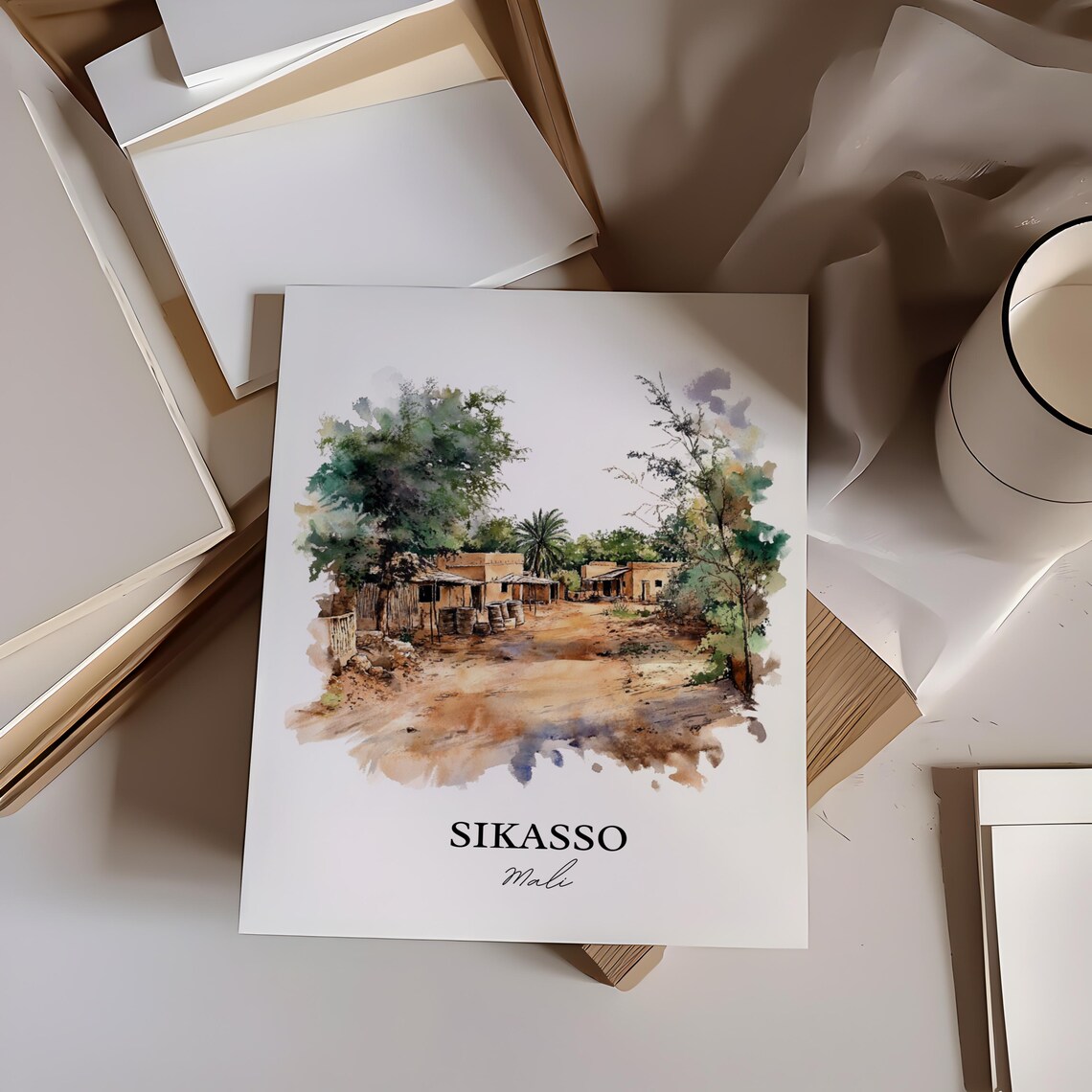 Sikasso Mali Rural Village Watercolor Street Scene Art Poster - Image 4