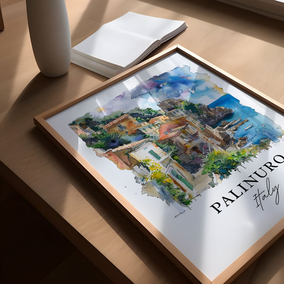 Palinuro Italy Cliffside Coastal Village Watercolor Sea Poster - Image 5