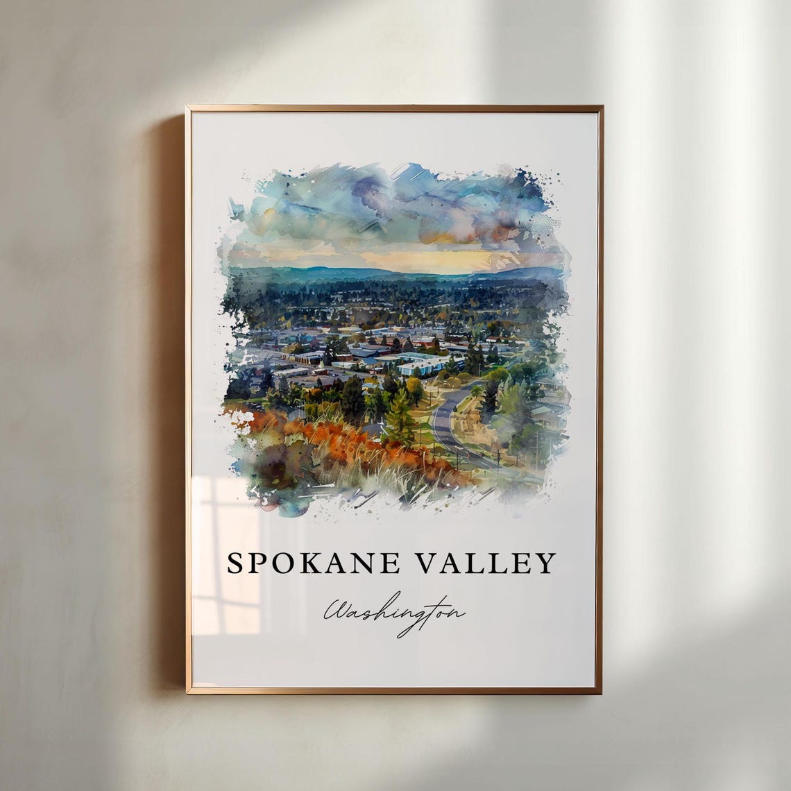 Spokane Valley Washington Watercolor Aerial Town Hills View Poster