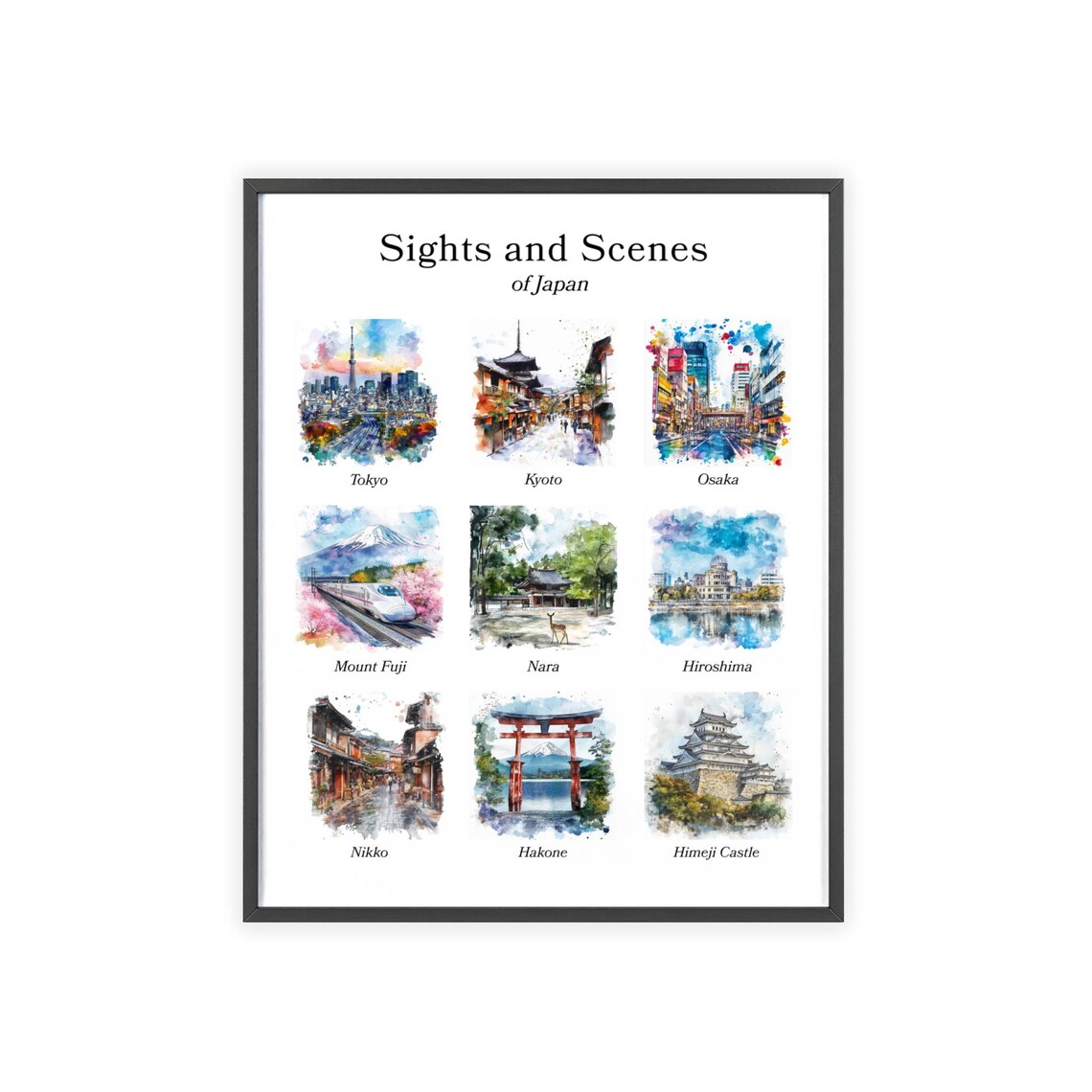 Sights and Scenes of Japan Watercolor Nine Landmarks Travel Poster - Image 2