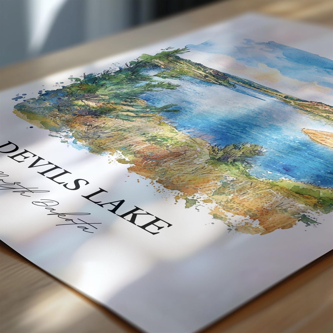 Devils Lake North Dakota Prairie Lake Watercolor Landscape Poster - Image 6
