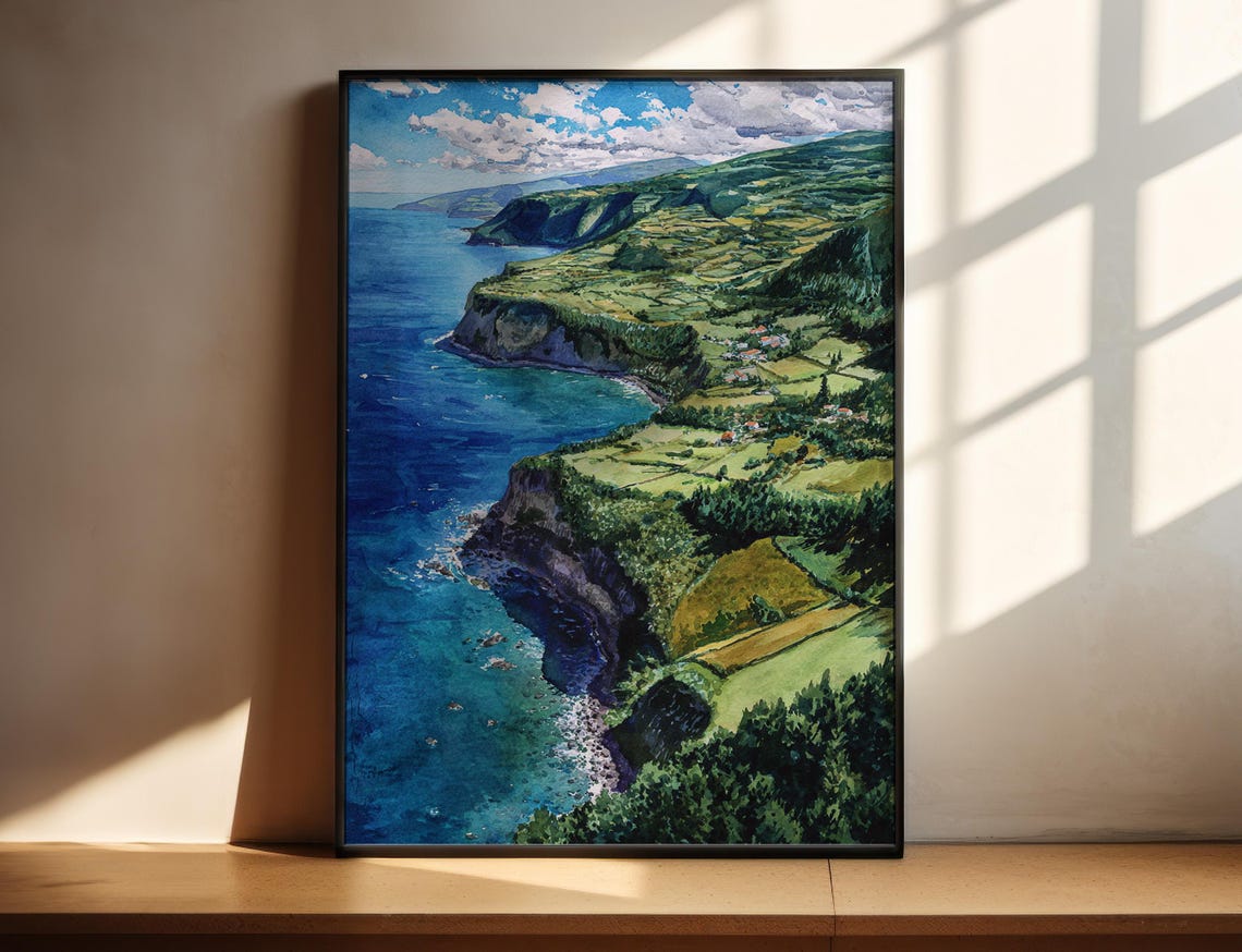 Green Coastal Cliffs Ocean Cove Watercolor Landscape Art Poster