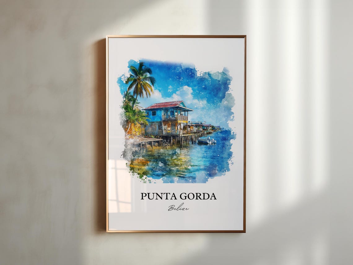 Punta Gorda Belize Waterfront Houses Watercolor Tropical Scene Poster - Image 4