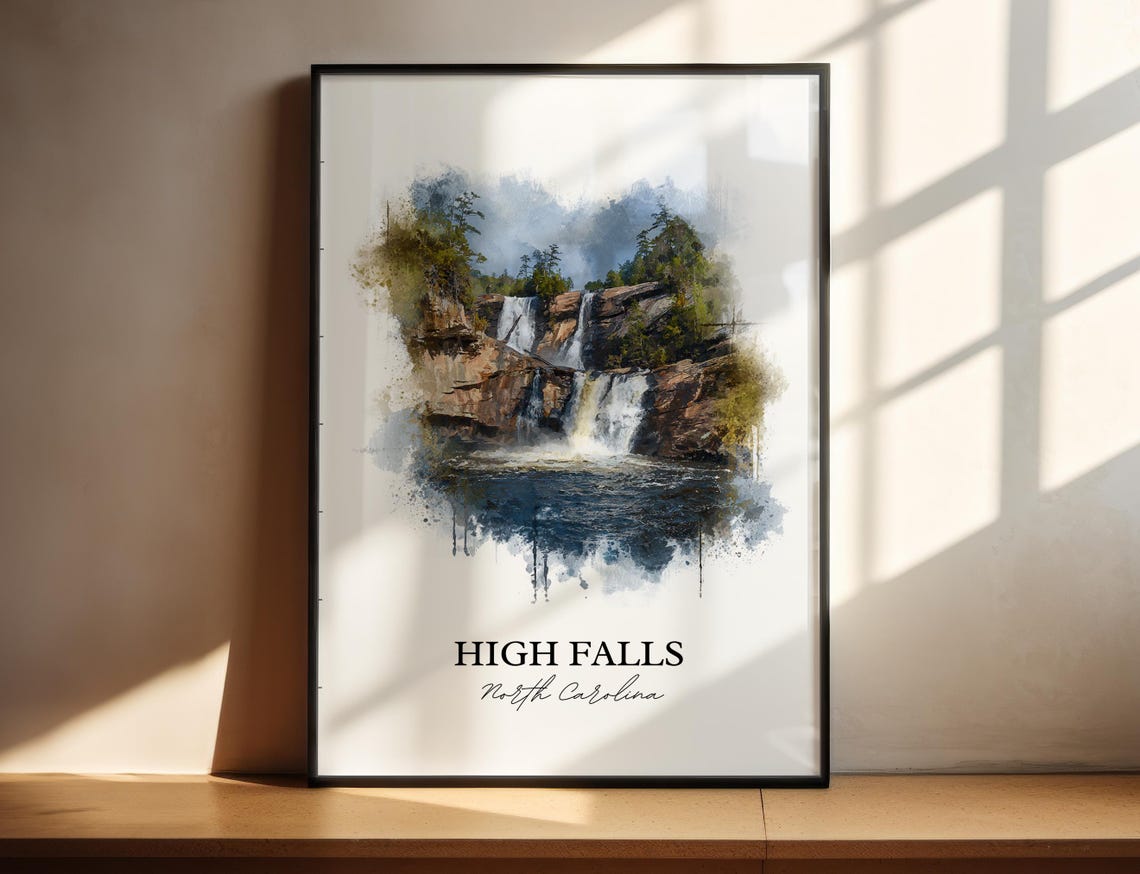 High Falls North Carolina Tiered Rock Cascade Watercolor Poster