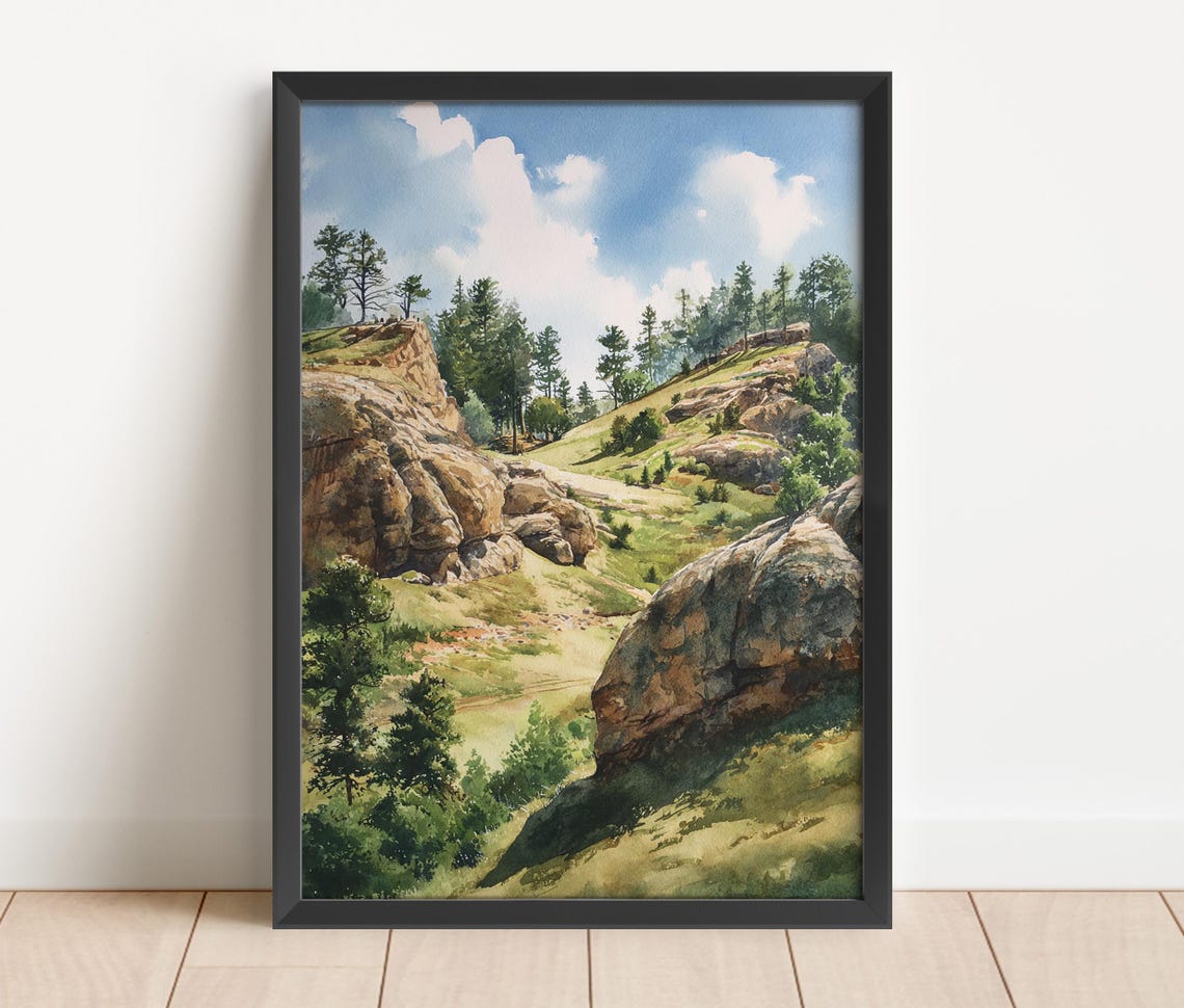 Custer State Park Rocky Cliffs and Pines Watercolor Art Poster