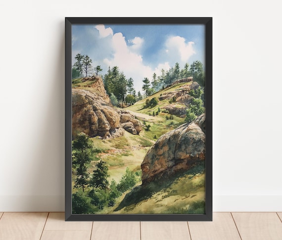 Custer State Park Rocky Cliffs and Pines Watercolor Art Poster