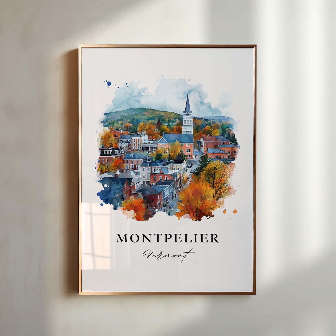 Montpelier Vermont Watercolor Autumn Church Town Fall Foliage Print