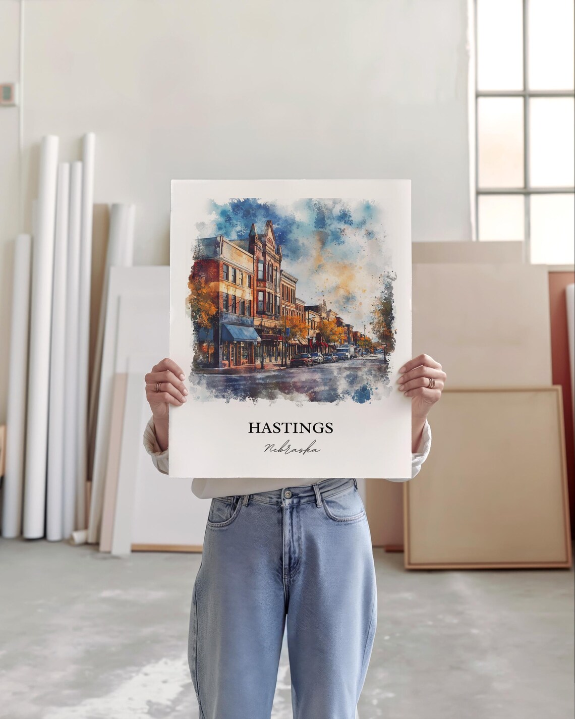Hastings Nebraska Historic Downtown Street Watercolor Poster - Image 2