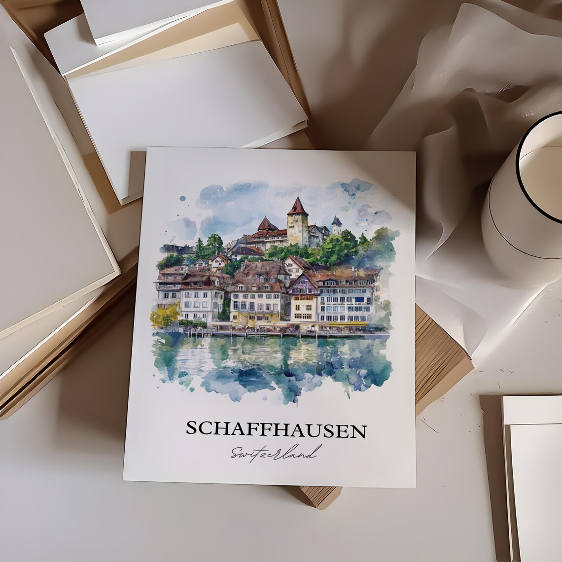 Schaffhausen Switzerland Riverside Castle Watercolor Old Town Poster - Image 3