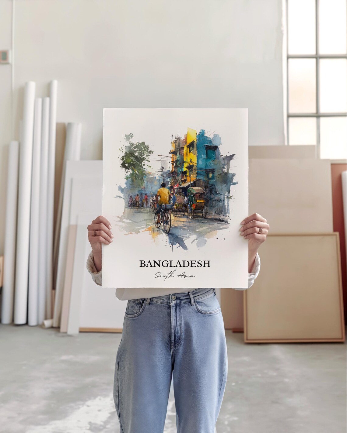 Bangladesh South Asia Rickshaw Street Scene Watercolor Travel Poster - Image 3