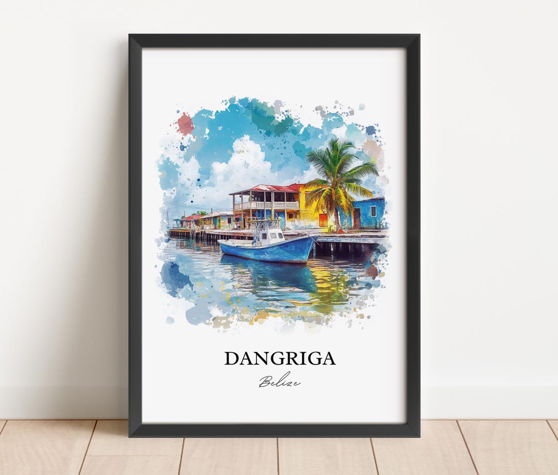 Dangriga Belize Harbor Boat Watercolor Tropical Coast Scene Poster - Image 3