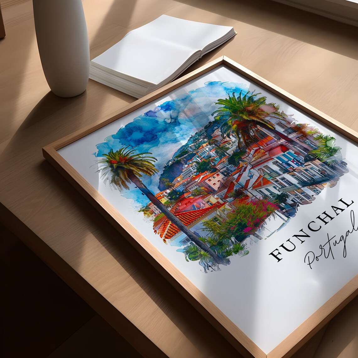 Funchal Portugal Palm Hillside City Watercolor Madeira Travel Poster - Image 4