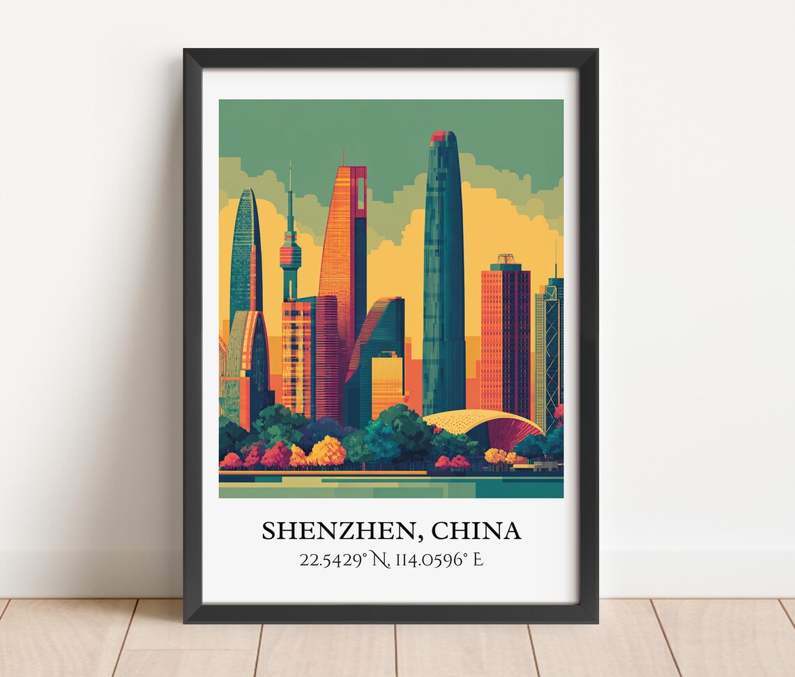 Shenzhen China Supertall Skyscrapers Skyline Retro Travel Art Poster - Image 4