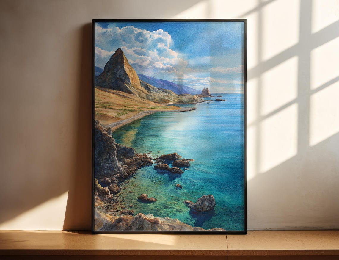 Galapagos Islands Volcanic Coast Watercolor Art Print Nature