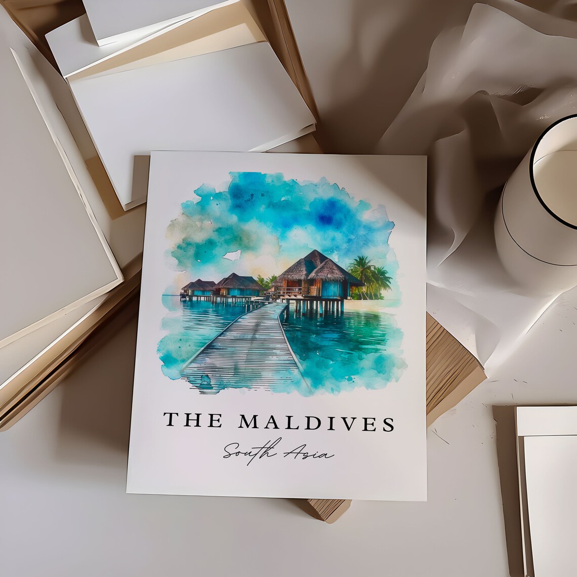 Maldives South Asia Overwater Villas Jetty Watercolor Art Poster - Image 5