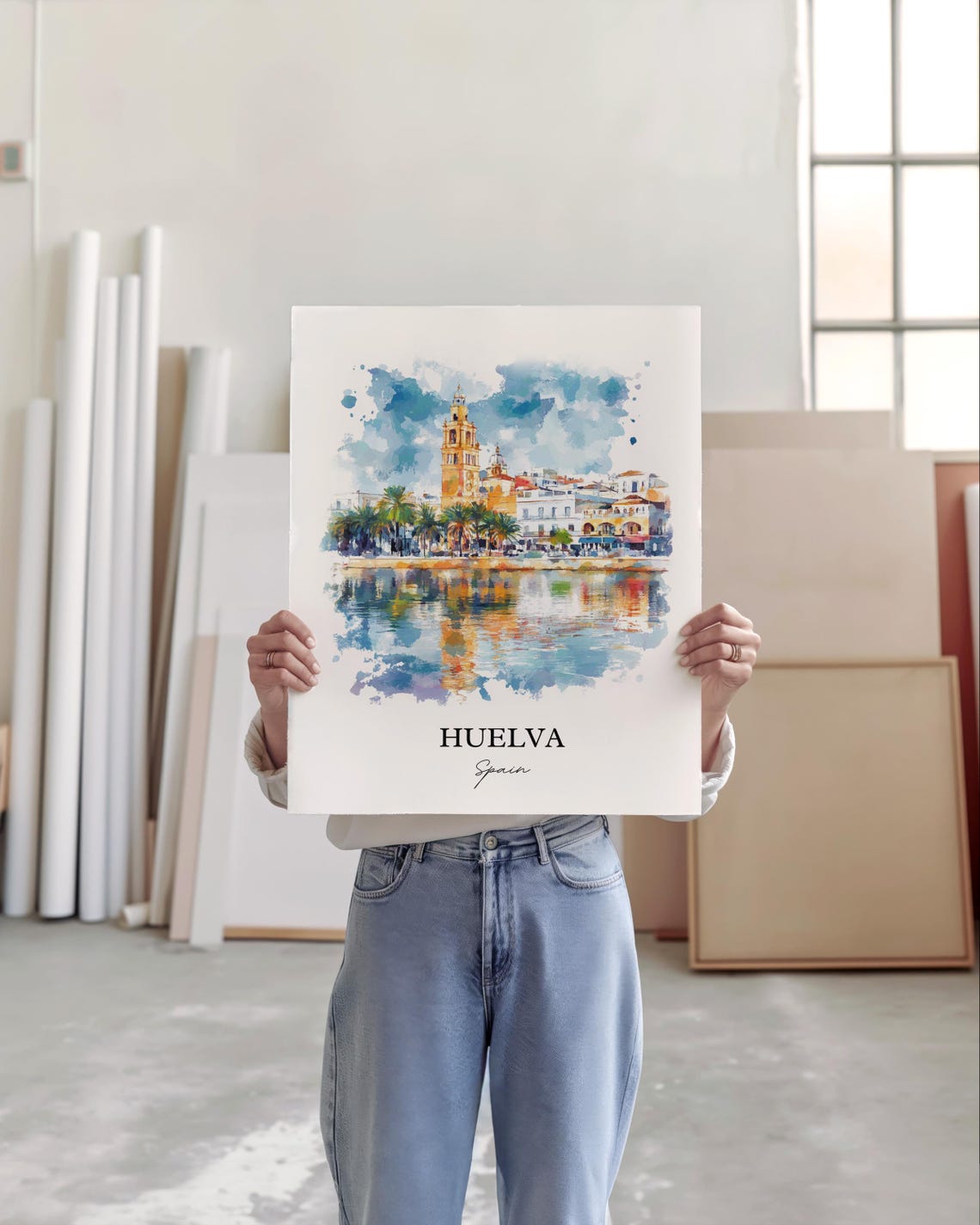 Huelva Spain Waterfront Palms Bell Tower Watercolor Travel Poster - Image 3