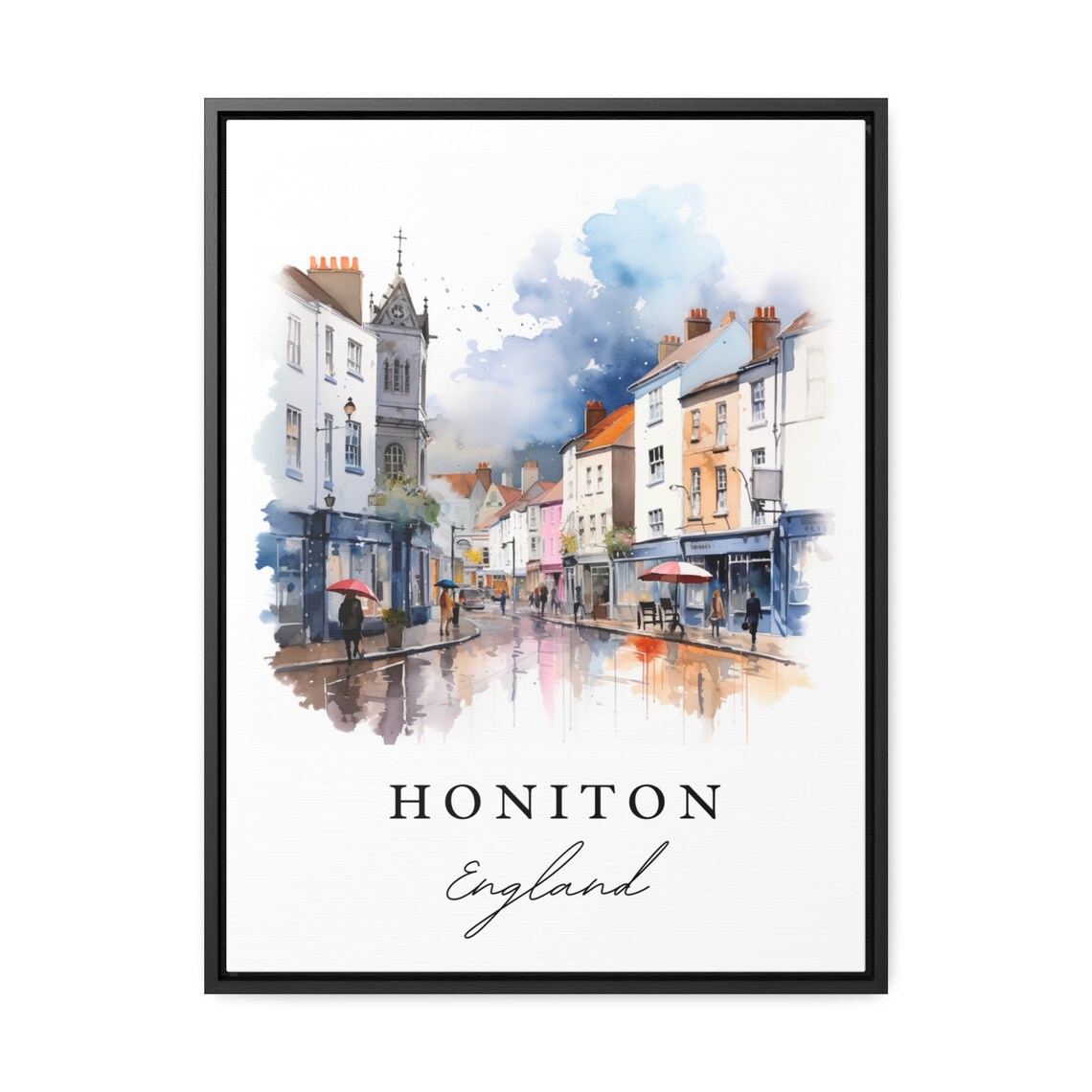Honiton England Rainy Market Street Watercolor Town Scene Poster - Image 2