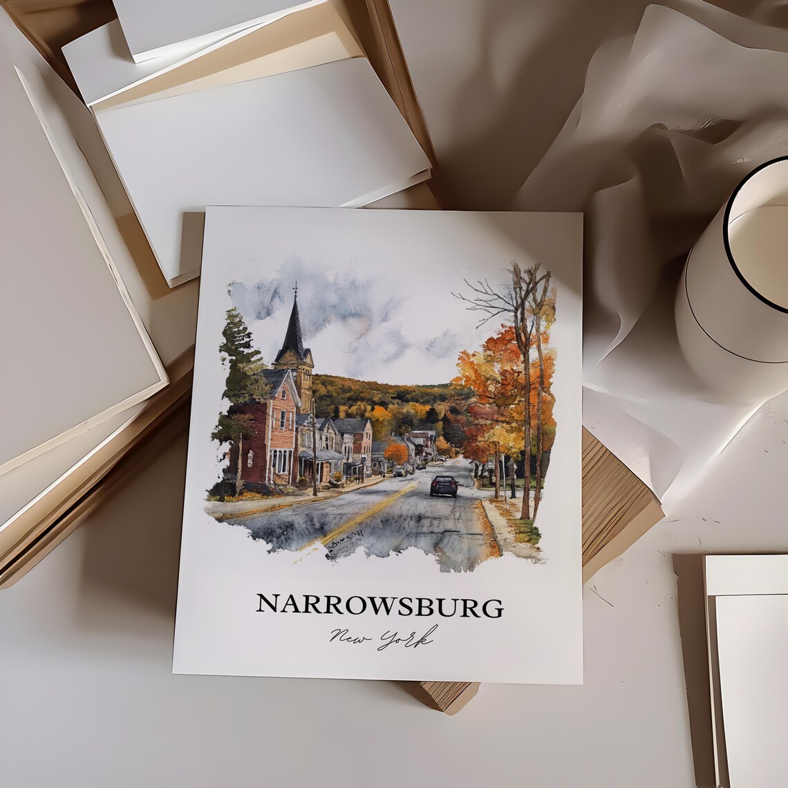Narrowsburg New York Autumn Main Street Church Watercolor Poster - Image 3