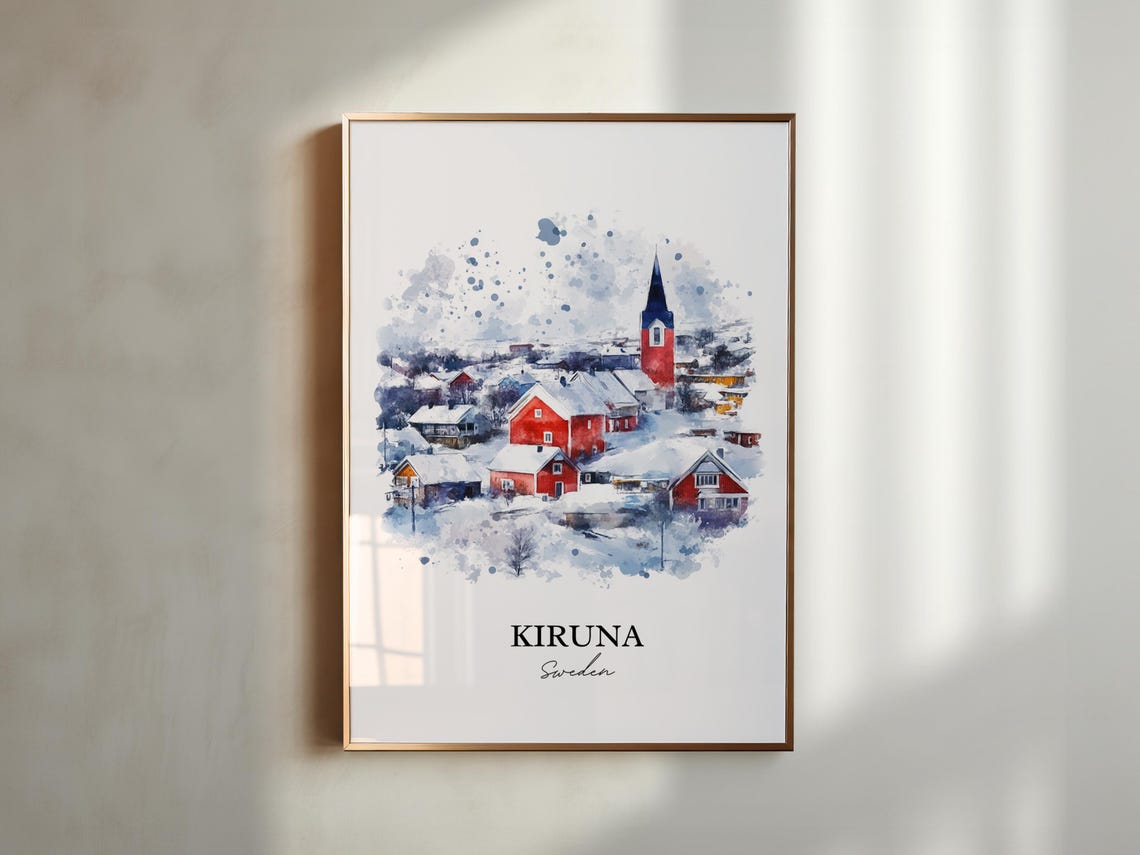 Kiruna Sweden Snowy Village Red Church Watercolor Winter Poster - Image 5