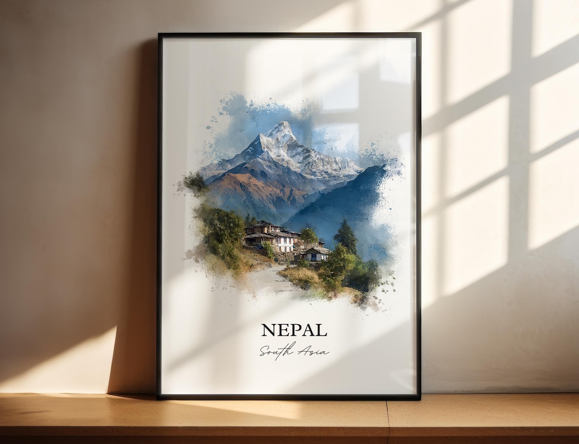 Nepal South Asia Himalayan Peak Mountain Village Watercolor Poster