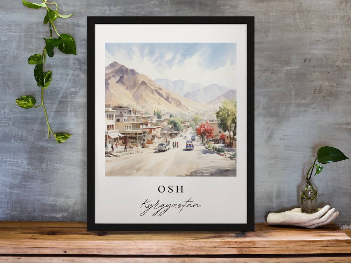 Osh Kyrgyzstan Mountain Street Scenic Watercolor Travel Poster