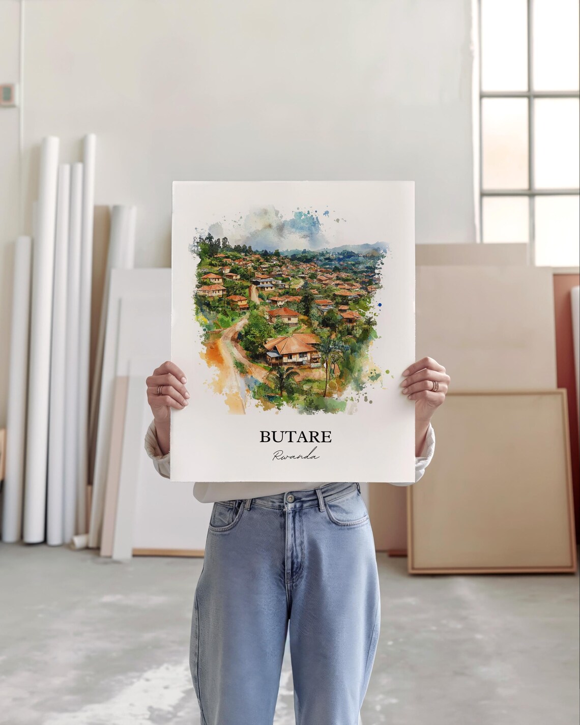 Butare Rwanda Green Hill Town Watercolor Scenic Travel Poster - Image 5