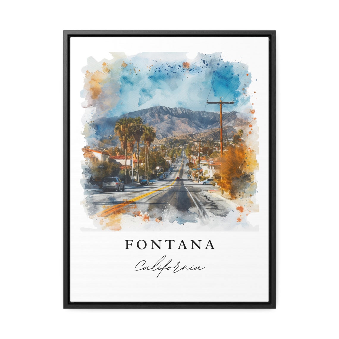 Fontana California Sunlit Palm Lined Street Mountain View Poster - Image 3