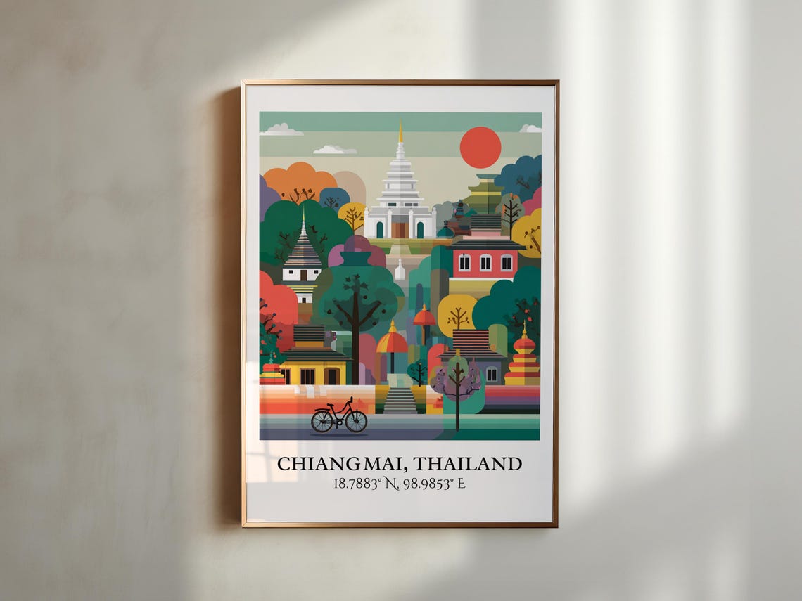 Chiang Mai Thailand Red Sunset Temple Flat Illustration Art Poster - Image 3