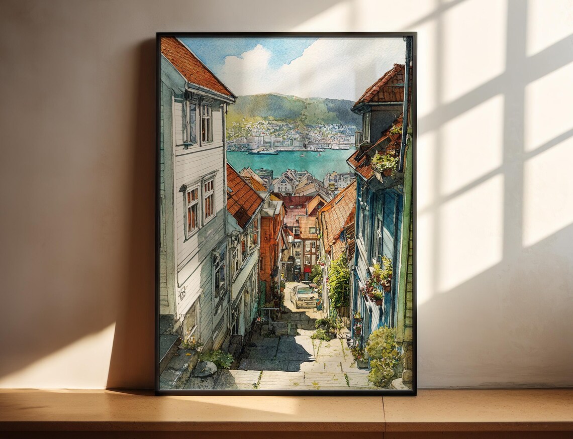 Old Town Alley Descending to Harbor Watercolor Street Scene Poster