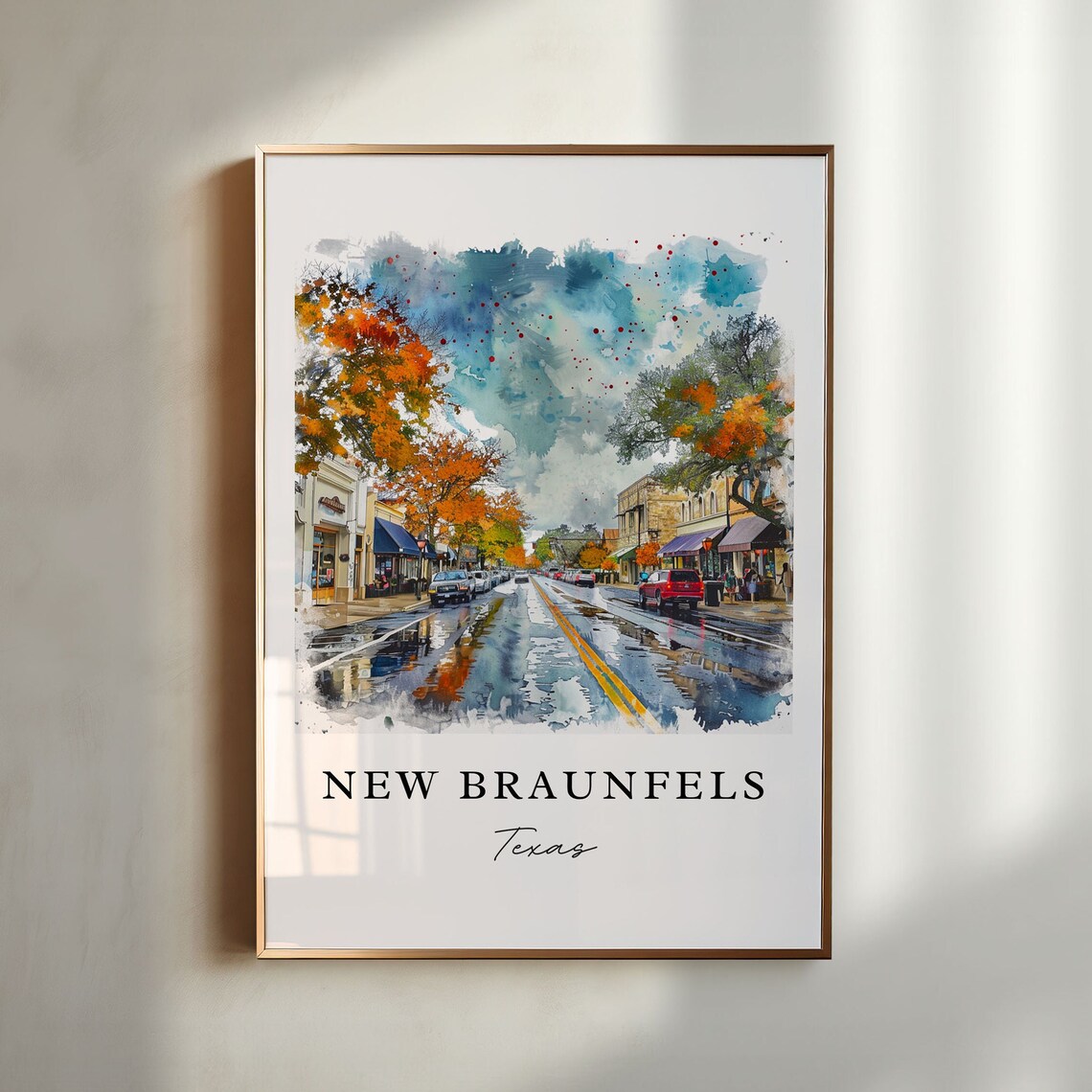 New Braunfels Texas Autumn Main Street Watercolor Travel Poster