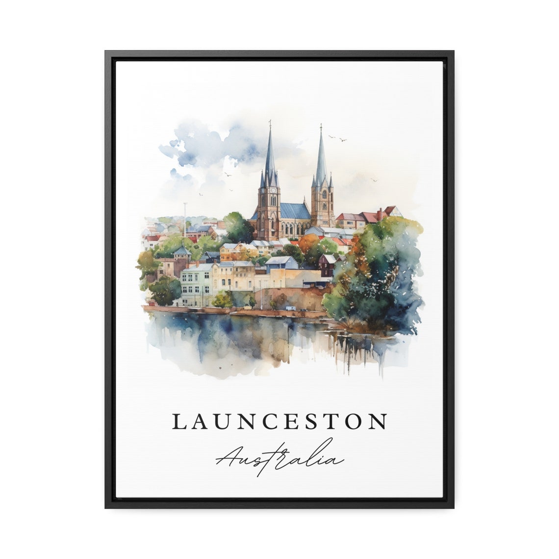 Launceston Australia Cathedral River Town Watercolor Travel Wall Art - Image 2