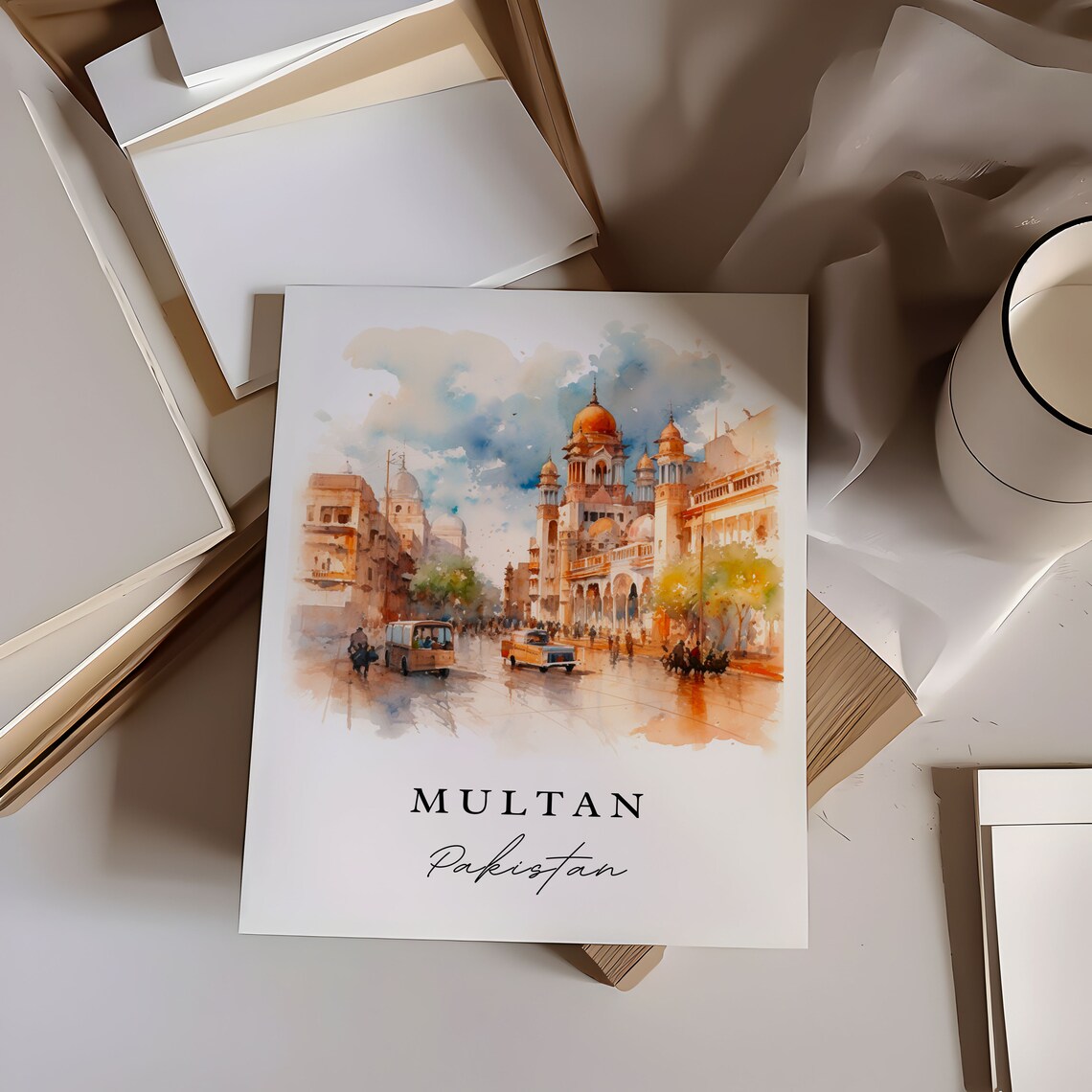 Multan Pakistan Watercolor Old City Street Shrine Travel Poster - Image 7