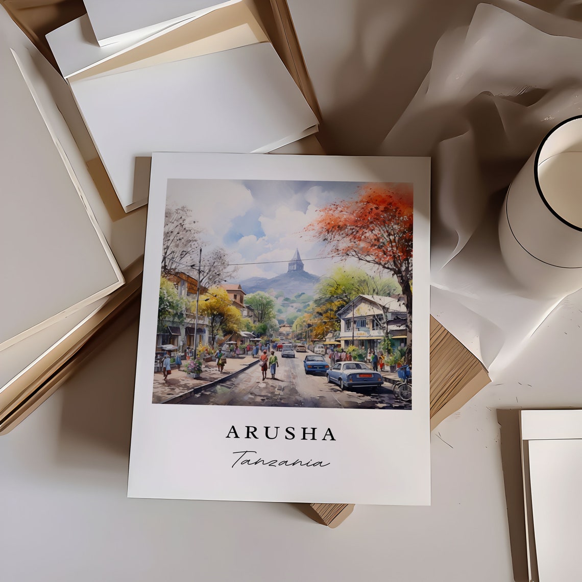 Arusha Tanzania Busy Street Scene Mountain Watercolor Poster - Image 6