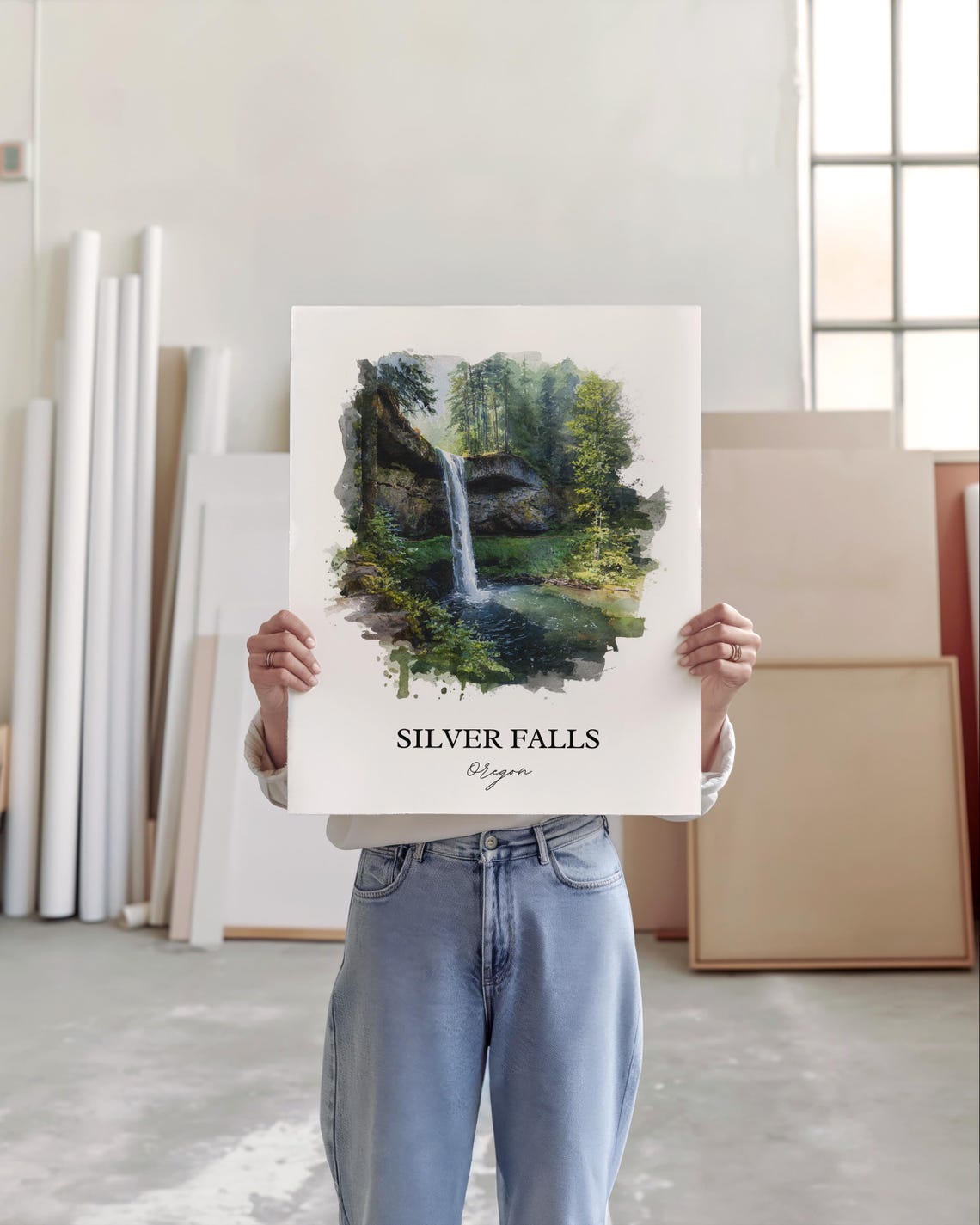 Silver Falls Oregon Marion County Forest Waterfall Watercolor Poster - Image 4