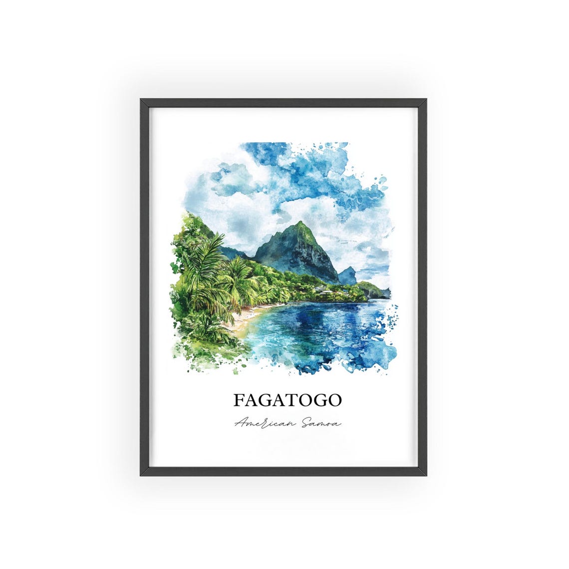 Fagatogo American Samoa Lush Peaks Bay Palm Watercolor Poster - Image 2
