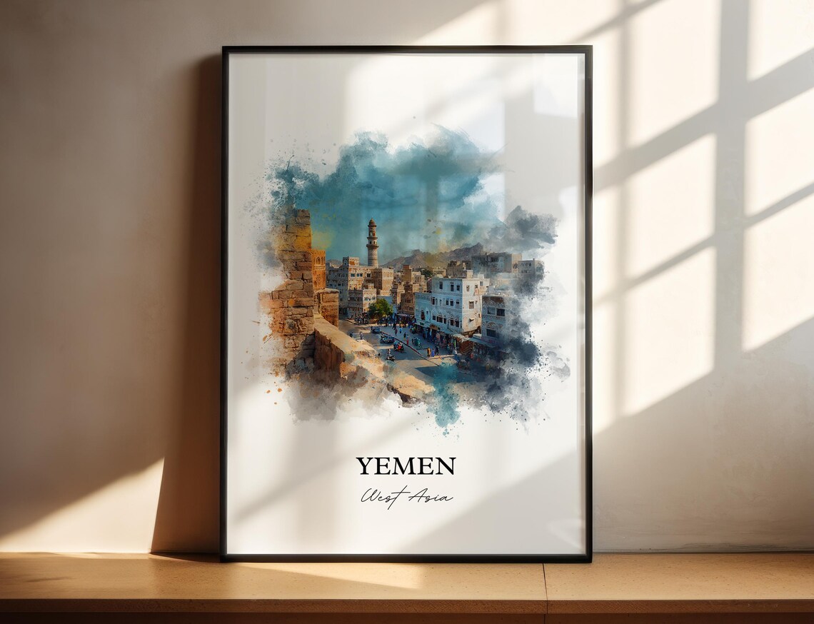 Yemen West Asia Watercolor Art Old City Tower Houses Minaret Poster