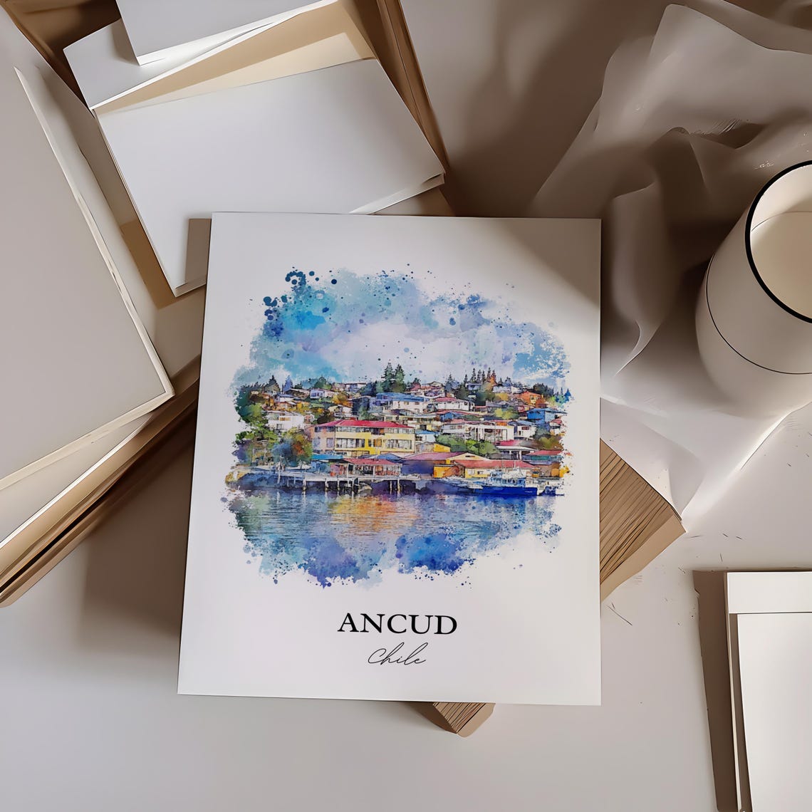 Ancud Chile Watercolor Chiloe Waterfront Town Reflection Travel Poster - Image 2
