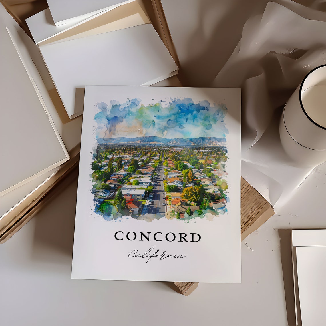 Concord California Watercolor Suburb Aerial Hills View Poster - Image 6