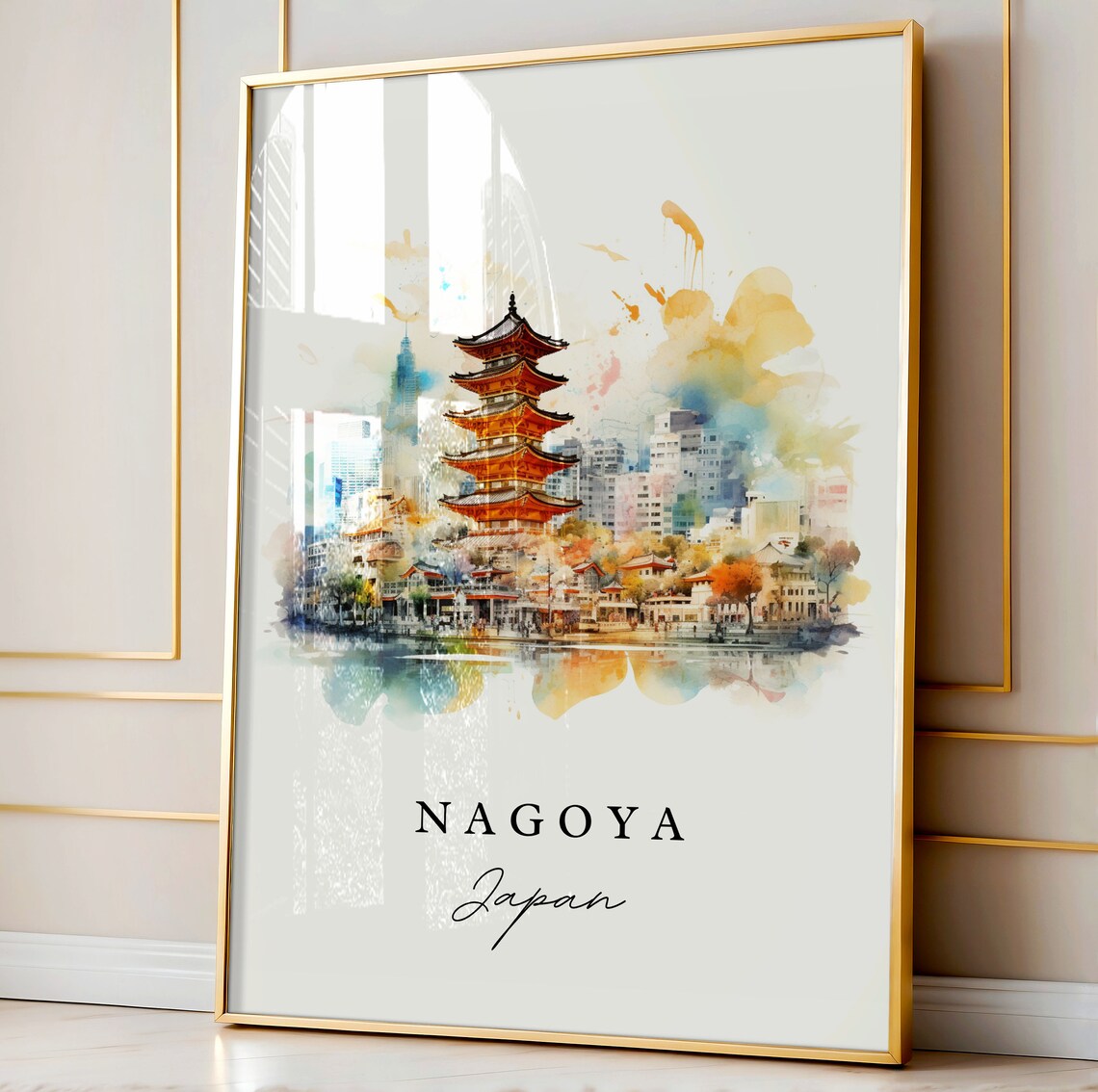 Nagoya Japan Watercolor Five Story Pagoda City Skyline Travel Poster - Image 4
