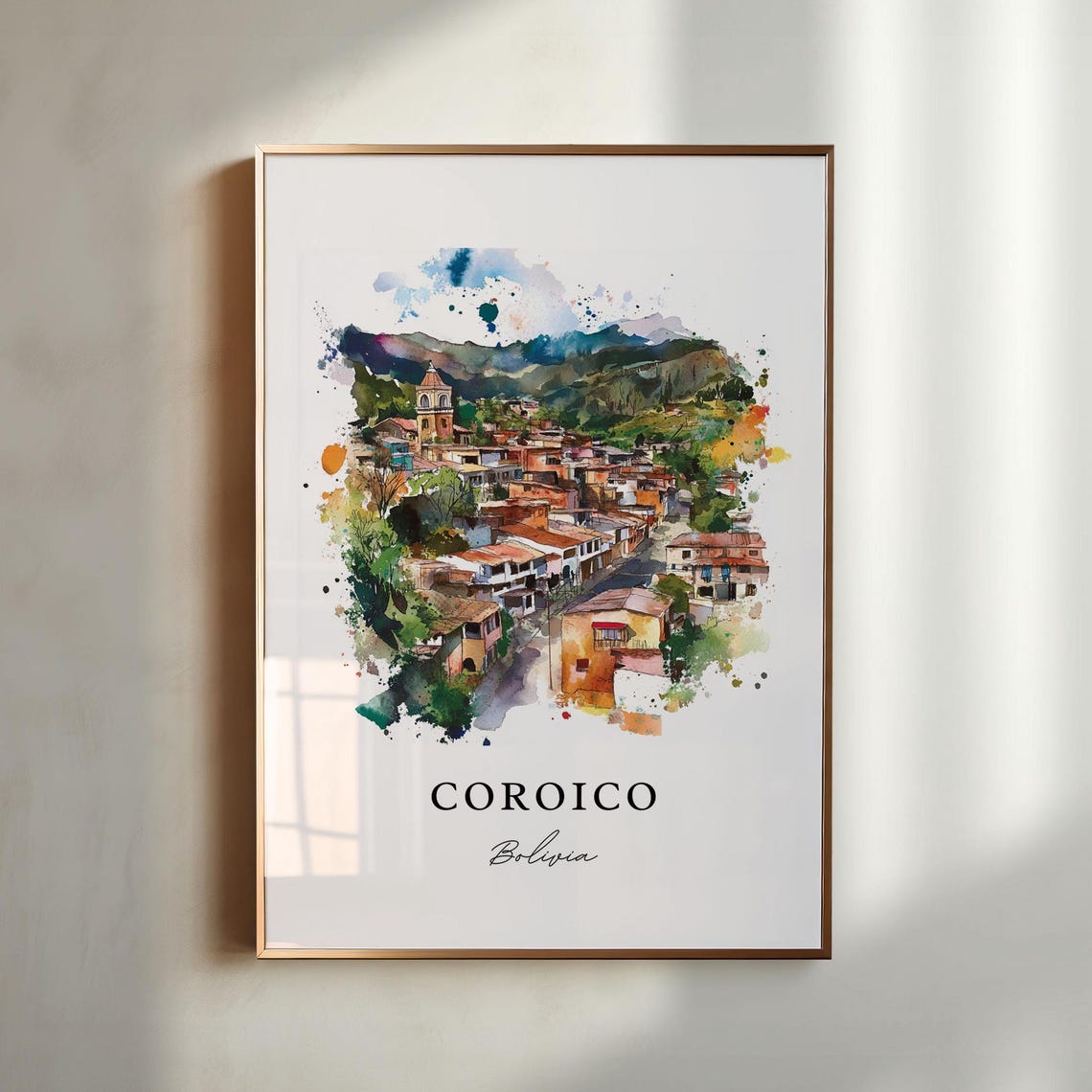 Coroico Bolivia Watercolor Hillside Town Church Scene Poster
