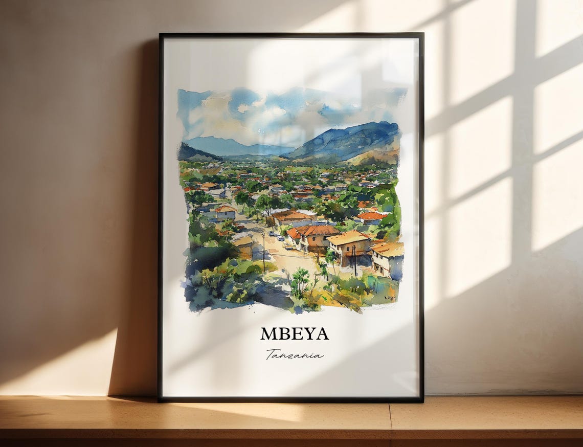 Mbeya Tanzania Lush Mountain Valley Town Watercolor Art Poster