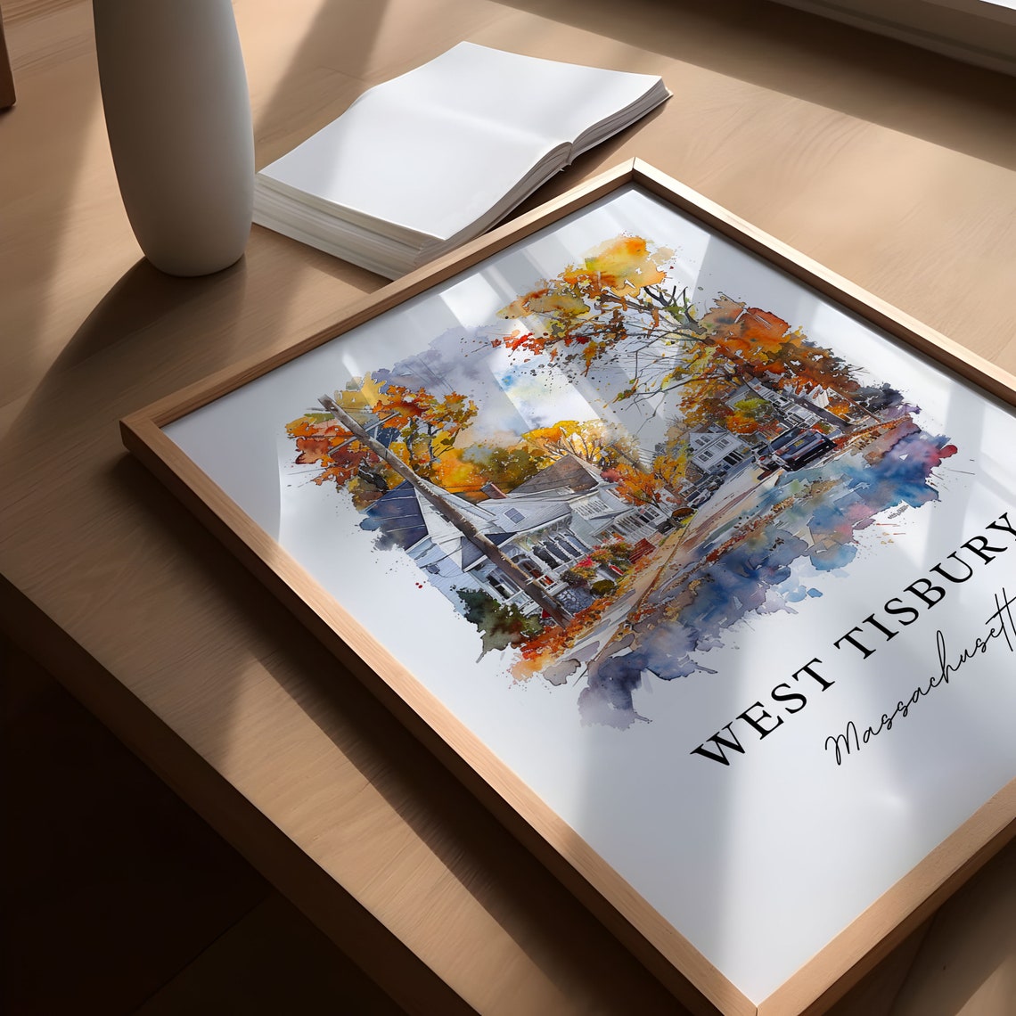 West Tisbury Massachusetts Watercolor Fall Street Scene Art Poster - Image 4