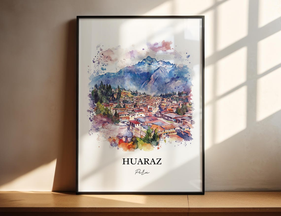 Huaraz Peru Mountain Town Watercolor Andean Landscape Scene Poster