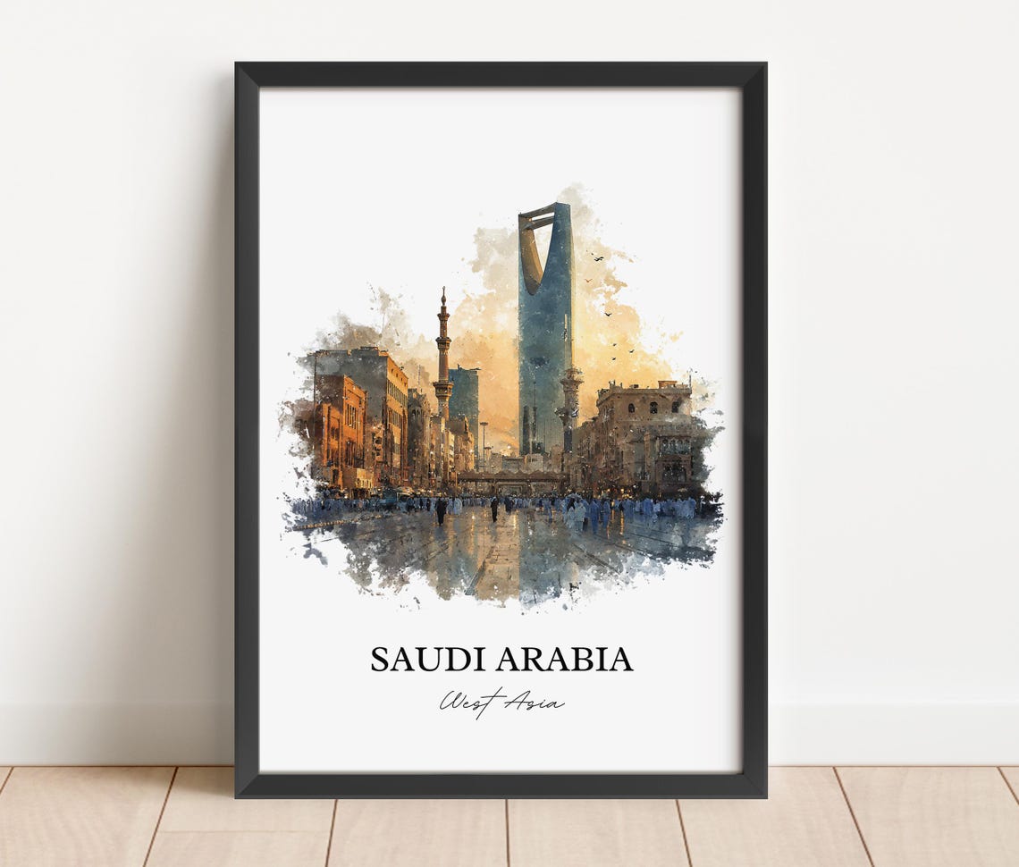 Saudi Arabia Riyadh Kingdom Centre Tower Watercolor Travel Poster - Image 2