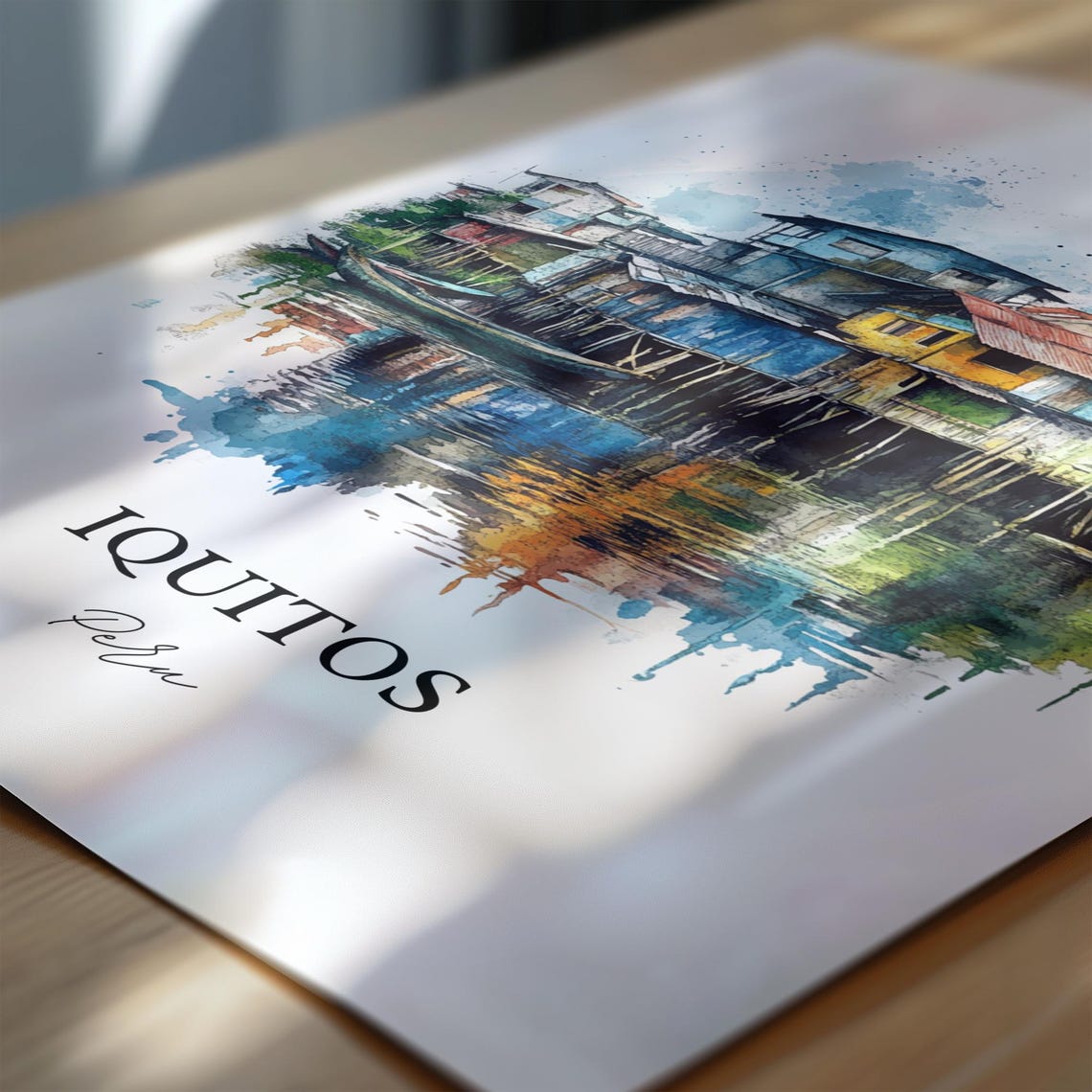 Iquitos Peru Watercolor Stilt Houses Amazon River Reflection Poster - Image 6