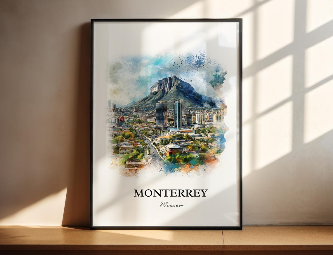 Monterrey Mexico Watercolor Travel Poster, Nuevo Leon