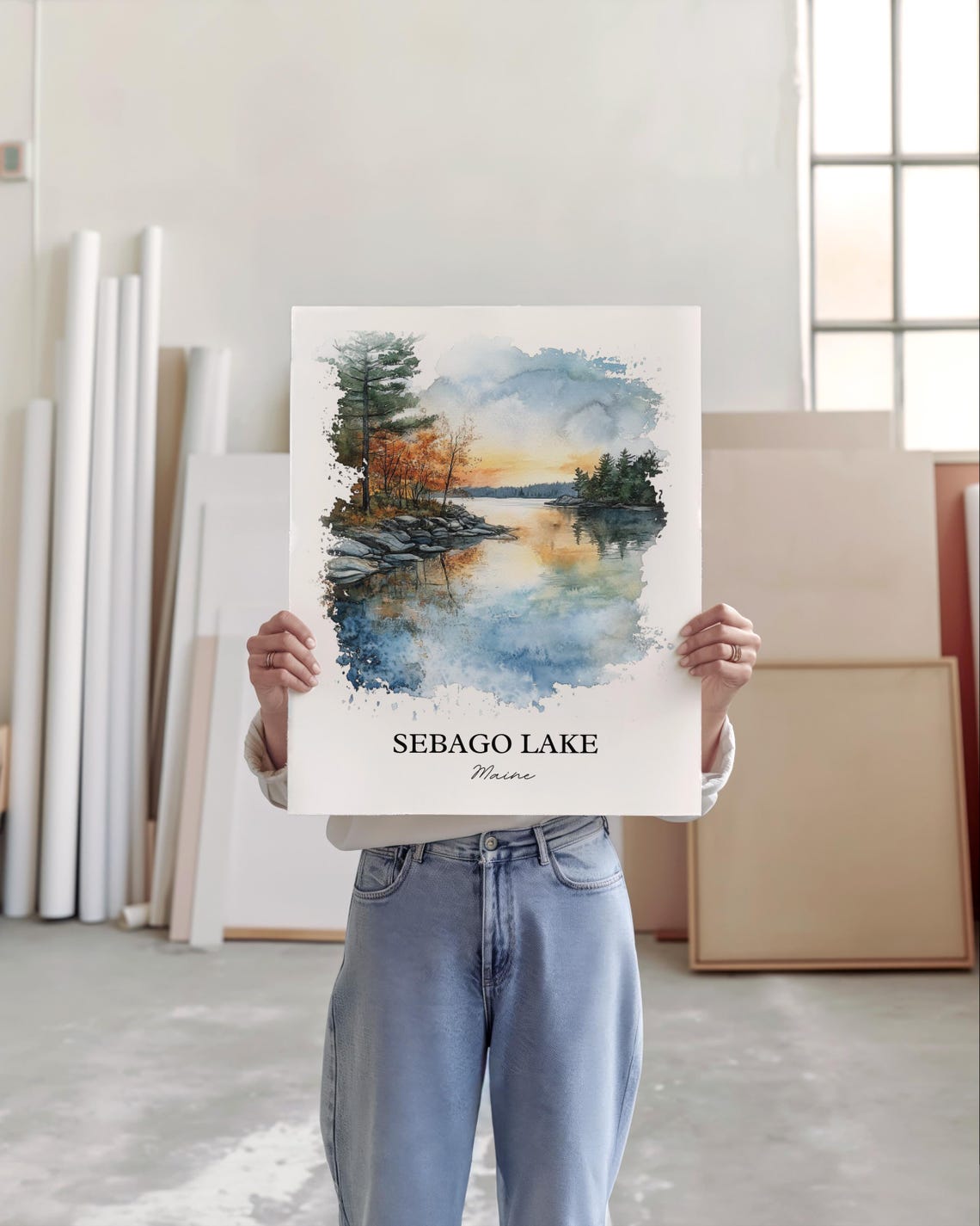 Sebago Lake Maine Autumn Sunset Reflection Watercolor Lake Poster - Image 4
