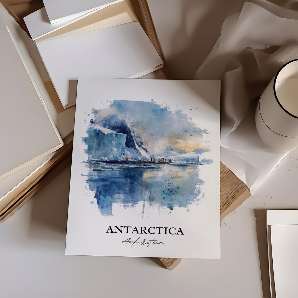 Antarctica Watercolor Glacier Icebergs Penguins Travel Art Poster - Image 2